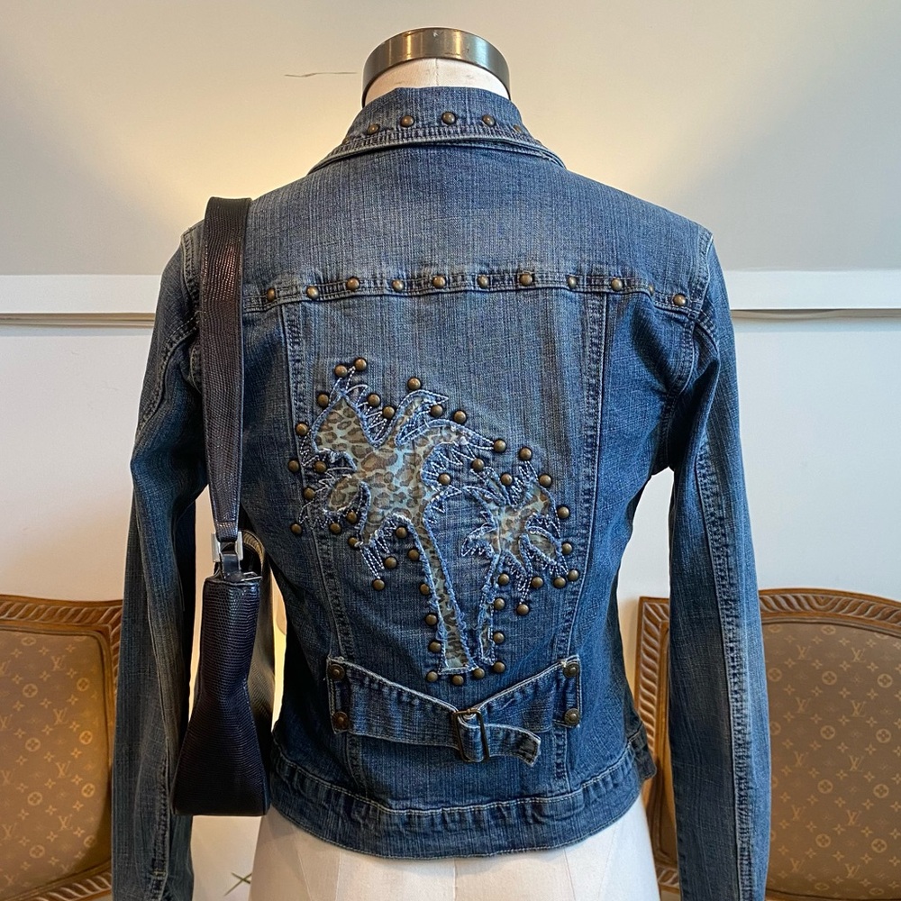 Vintage 90s Y2K Palm Tree Studded Denim Jacket with Embroidered Design